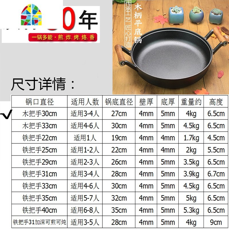 铸铁双耳平底煎锅生煎包锅加厚烙饼锅家用老式生铁锅无涂层不粘锅 FENGHOU 木把双耳30cm玻璃盖送木铲+锅垫