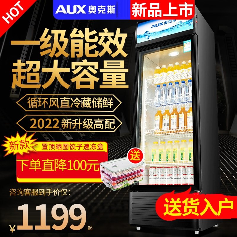 奥克斯(AUX)冷藏展示柜超市冰箱饮料柜立式冰柜商用啤酒单门保鲜柜冰箱 黑框玻璃-257升风直冷一级 LC-239