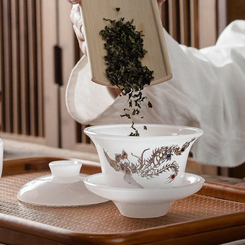 琉璃玉瓷透明盖碗鎏银泡茶三才盖子功夫纳丽雅茶具茶杯手抓单个冲泡茶器 琉璃-银凤-盖碗