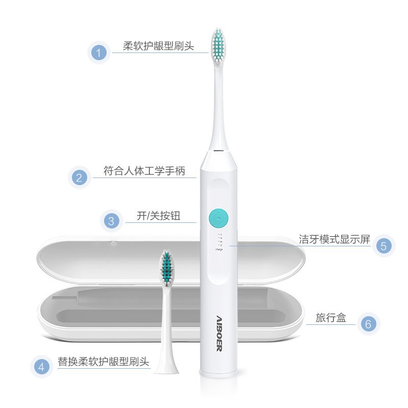 爱博尔V6智能电动牙刷成人情侣声波震动式电动牙刷38000转智能提醒IPX7全身防水清除黄牙牙渍美白牙齿4支刷头