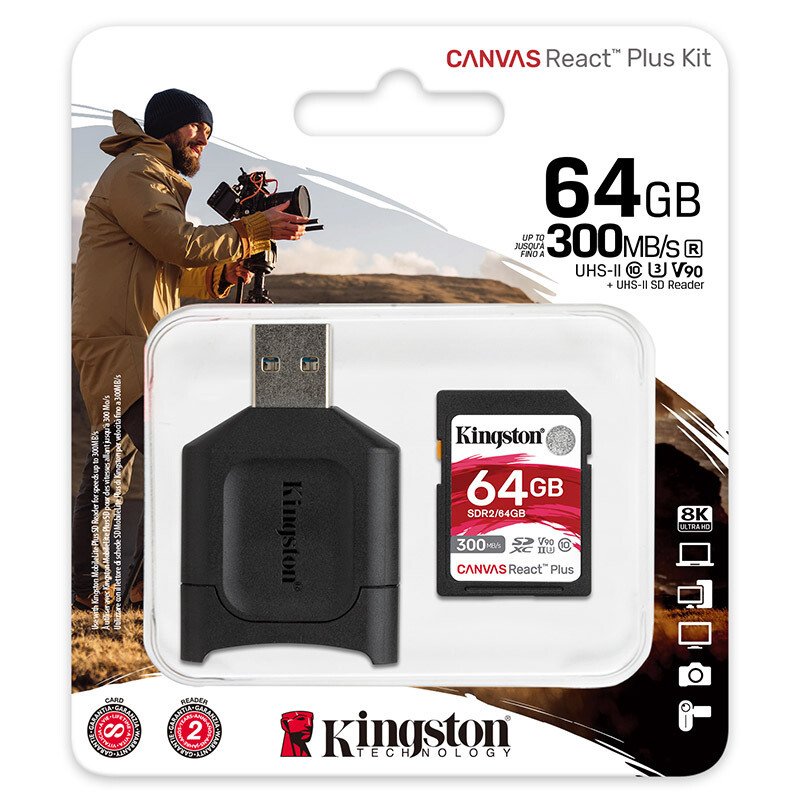 金士顿(Kingston)64GB U3 V90内存卡 SD存储卡 读速300M/s 支持8K视频附带UHS-II读卡器