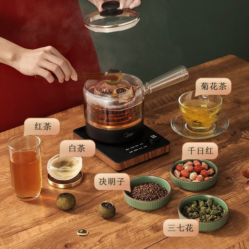 美的（Midea）养生壶YS15C206A 煮茶器煮茶壶 电水壶烧水壶花茶壶电热水壶 迷你玻璃热牛奶带蛋架和滤网1.5