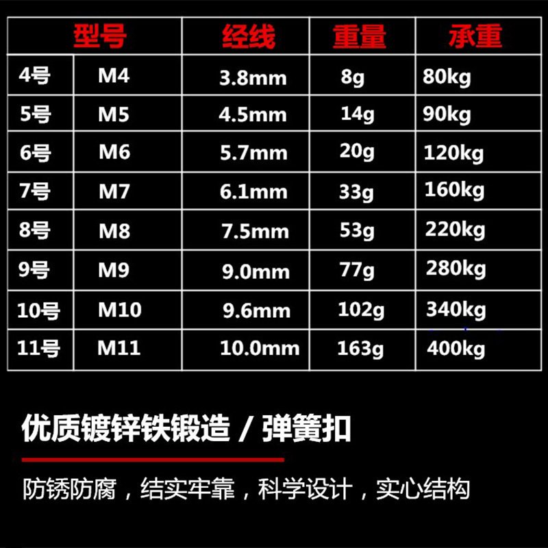 葫芦型承重扣登山扣保险扣铁镀锌弹簧扣理线家户外安全扣挂钩绳扣多功能 4号3个+5号3个