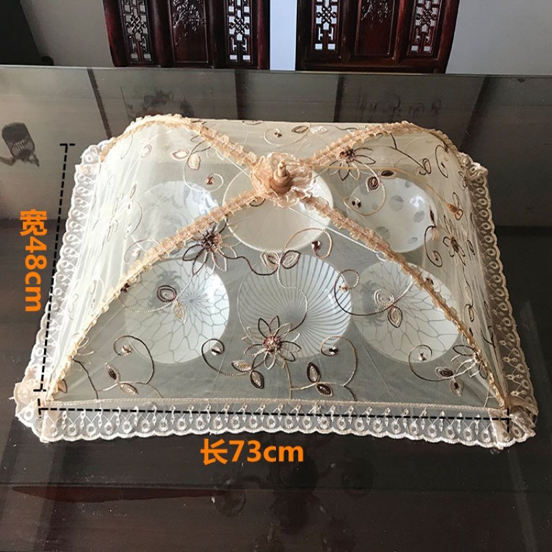 时光旧巷可折叠伞式菜罩圆形长方蕾丝网纱布艺饭罩家用厨房餐桌食物罩 卡其色淡金色大花长方形