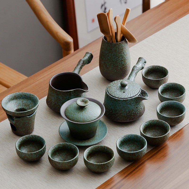 现公客厅日式功夫整套茶盘纳丽雅家用简约茶杯茶壶粗陶陶瓷茶具套装 陶器侧把壶13件套配茶道