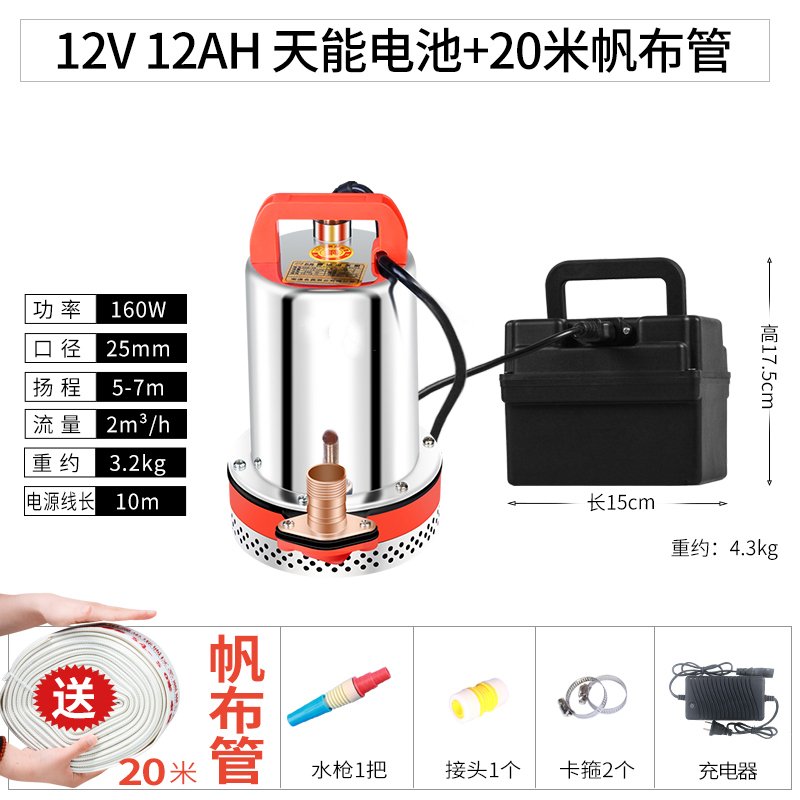 便携式充电直流潜水泵闪电客12V24V48V伏电瓶车家用抽水机户外浇菜 12V(12AH天能电池)+20米帆布管