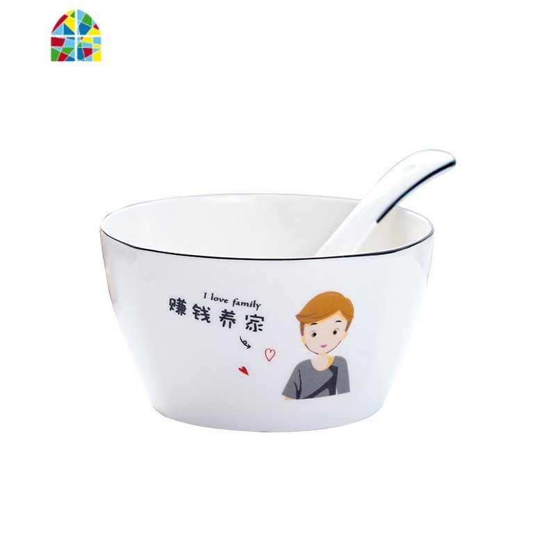 4个亲子碗创意可爱卡通方碗一家四口碗餐具套装家用碗碟陶瓷碗勺 FENGHOU 一家四口4碗勺(2女)
