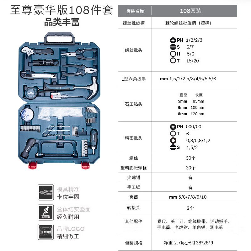 博世（BOSCH）五金工具箱维修组套12件/66件/108件多功能手动套装螺丝刀 博世108件套多功能手动工具蓝_207