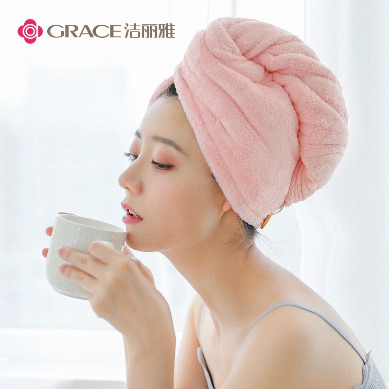 洁丽雅(grace)干发帽女吸水可爱速干长发包头毛巾成人双层加厚浴帽干发巾 W0196浅灰