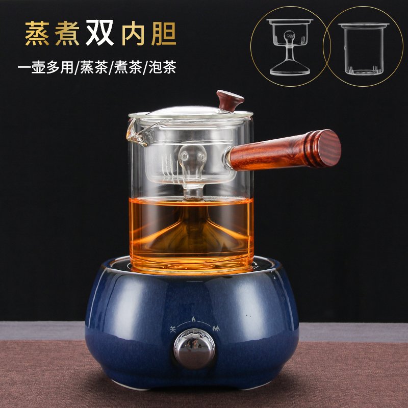 玻璃电陶炉金蛋煮茶炉黑茶煮茶器家用套装蒸汽烧水壶 WG-18双内胆(单壶）送4杯