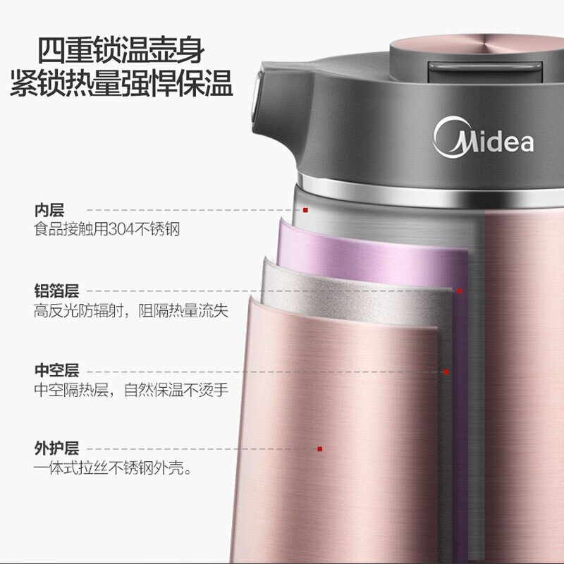 美的(Midea)真空保温电热水壶MK-VJ1502 家用1.5L 304不锈钢倾倒防漏 VJ1502a电水壶