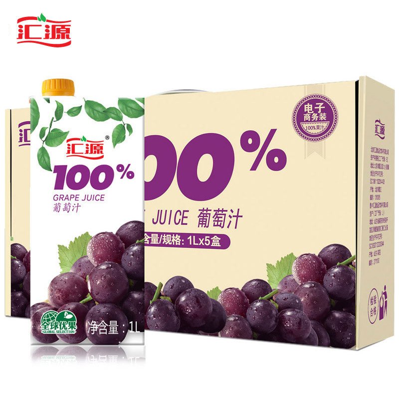 汇源果汁 青春版100%葡萄汁 1L*5盒/箱 便携礼盒 果汁饮料