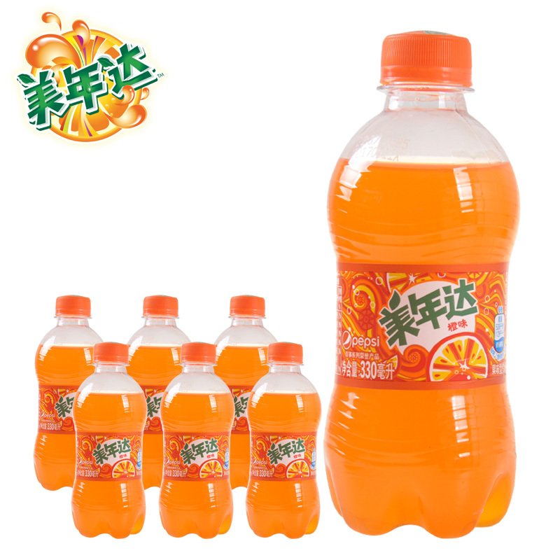 美年达橙味碳酸饮料汽水饮品PET330ml*6瓶百事可乐出品迷你瓶装