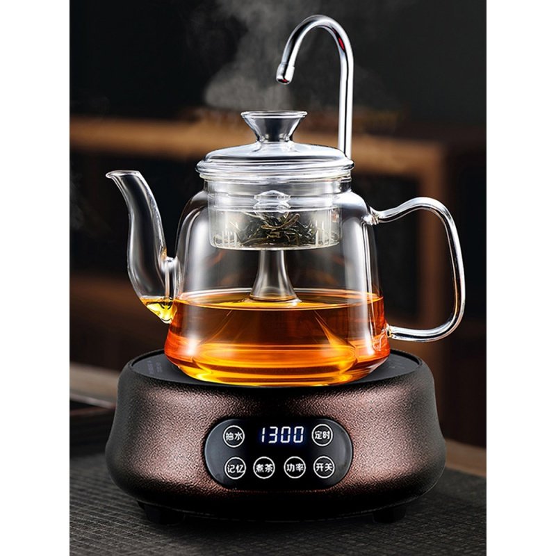 电陶炉煮茶器金蛋玻璃蒸汽煮茶壶家用全自动上水泡茶烧水壶煮茶炉套装 抽水凹型金电陶炉+A款-双内胆+4个杯
