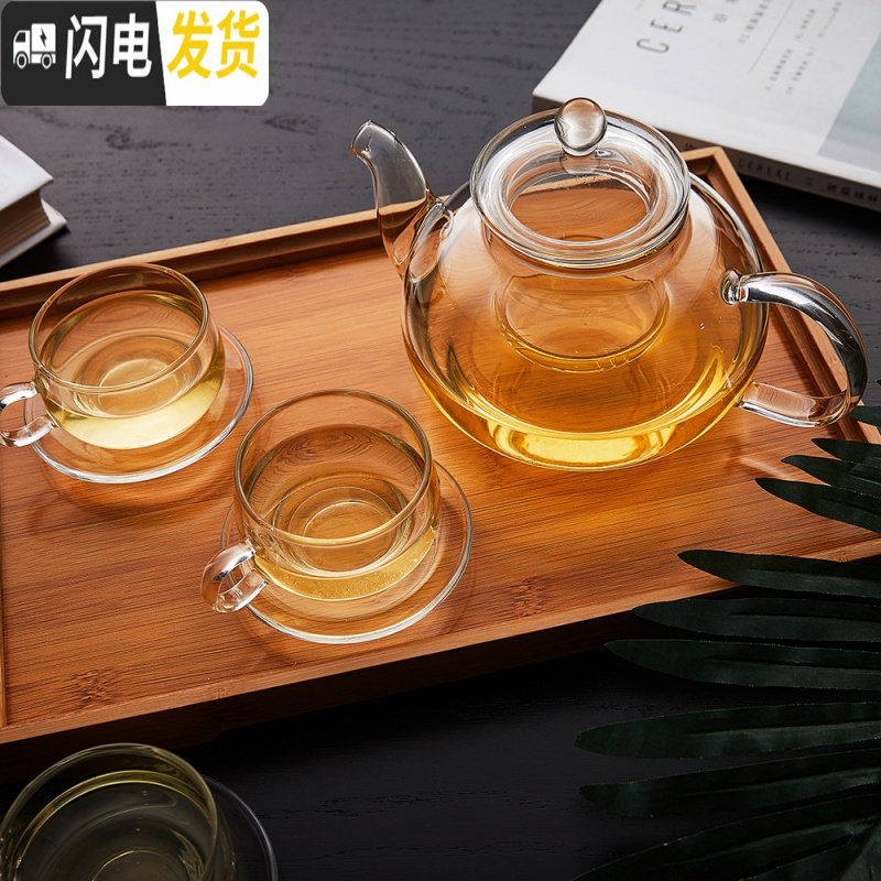 三维工匠大容量耐热玻璃茶具套装组杯 泡花茶壶加热透明花茶具整套加厚 800毫升壶+1心座+6直把杯