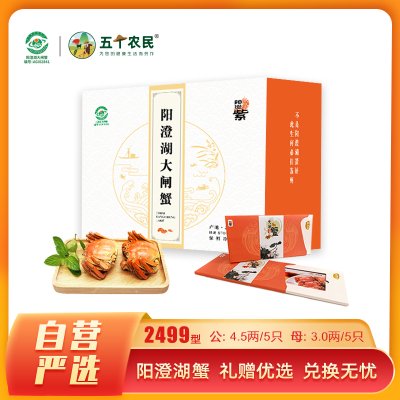 【礼券】阳澄紫牌 阳澄湖大闸蟹礼券2499型 公蟹4.5两/只 母蟹3.0两/只 5对10只 螃蟹礼盒 中秋礼品卡