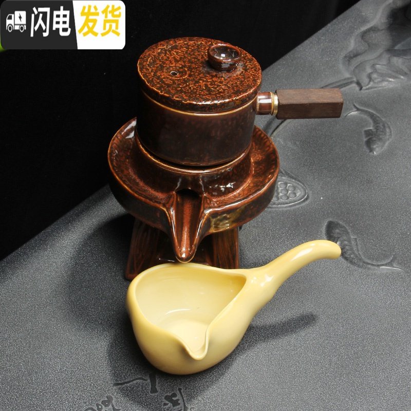 三维工匠懒人石磨半自动茶具套装陶瓷家用功夫泡茶器创意个性复古防烫茶壶 万古绿整套茶具