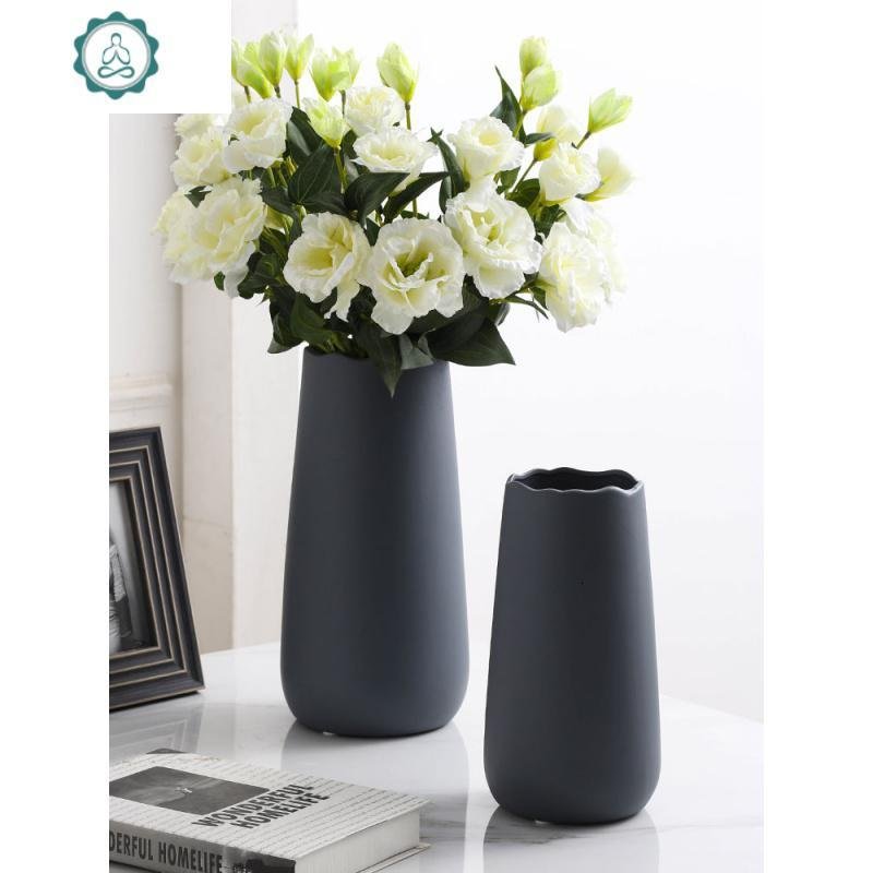 简约陶瓷花瓶北欧家用摆件创意现代客厅办公室灰白黑色仿真花器 封后