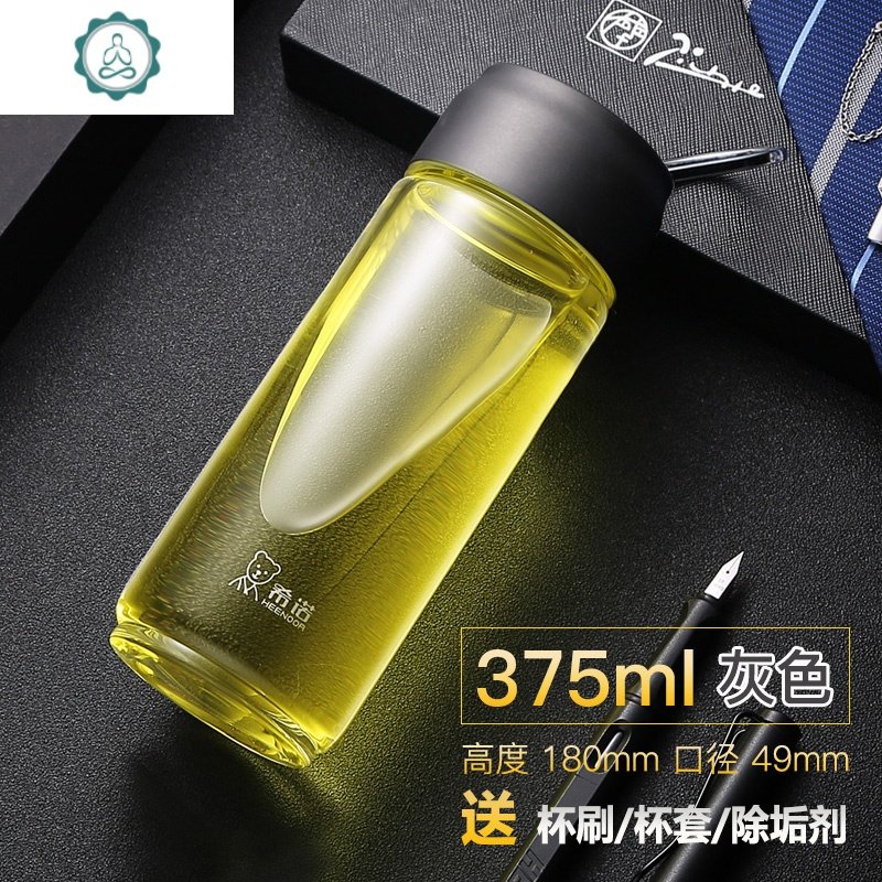 单层玻璃杯便携带盖男士水杯女士创意花茶杯子家用车载水晶杯 封后 6030-375ml-灰