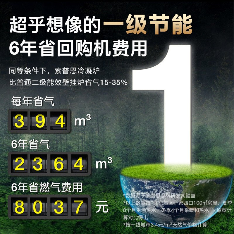 索普恩SOOPOEN 燃气壁挂炉天然气一级能效冷凝式分段燃烧采暖炉热水供暖洗浴地暖板换式锅炉SL-24KW