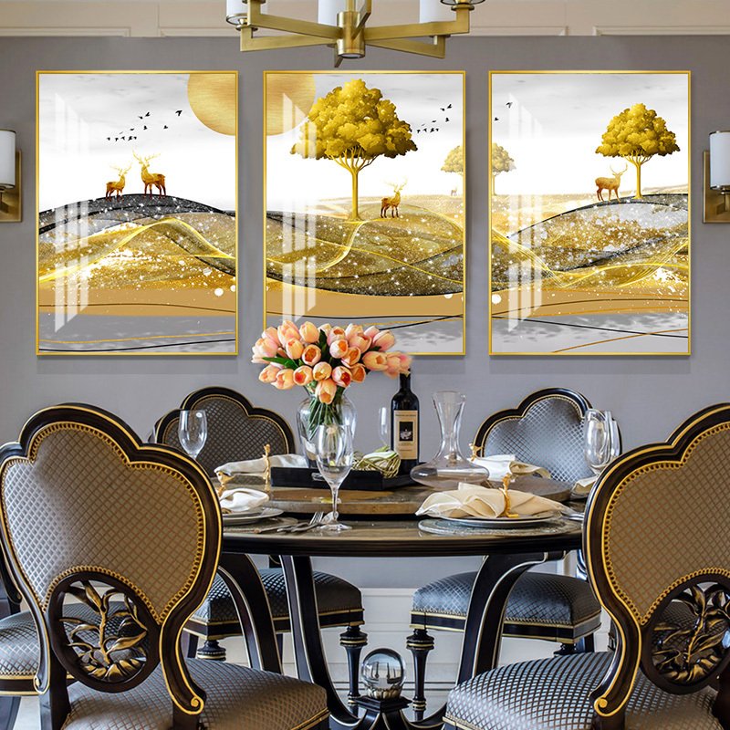 客厅装饰画沙发背景墙挂画北欧壁画三联组合轻奢麋鹿晶瓷餐厅墙画