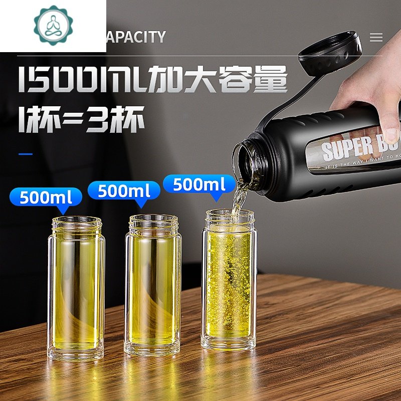 大号玻璃杯水杯超大容量男防摔便携杯子耐热单层带盖泡茶杯1500ml 封