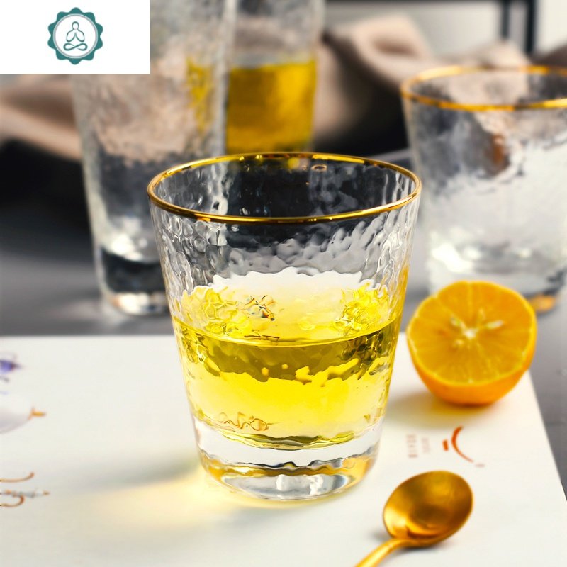 日式金边玻璃杯锤目纹啤酒杯创意果汁杯牛奶杯ins家用套装水杯子 封后