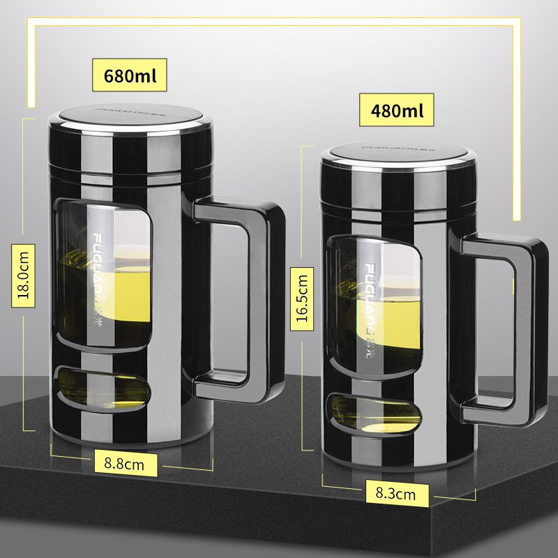 富光（FGA）玻璃杯便携水杯家用办公杯带盖过滤网大容量杯子男女耐热茶杯 拿铁咖680ml