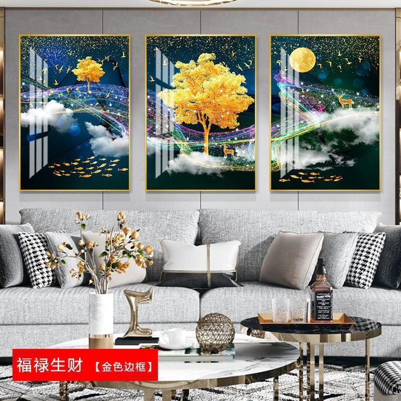 客厅装饰画沙发背景墙挂画北欧壁画三联组合轻奢麋鹿晶瓷餐厅墙画 金鹿呈祥（金色边框） 70*90cm三联套装（建议_454