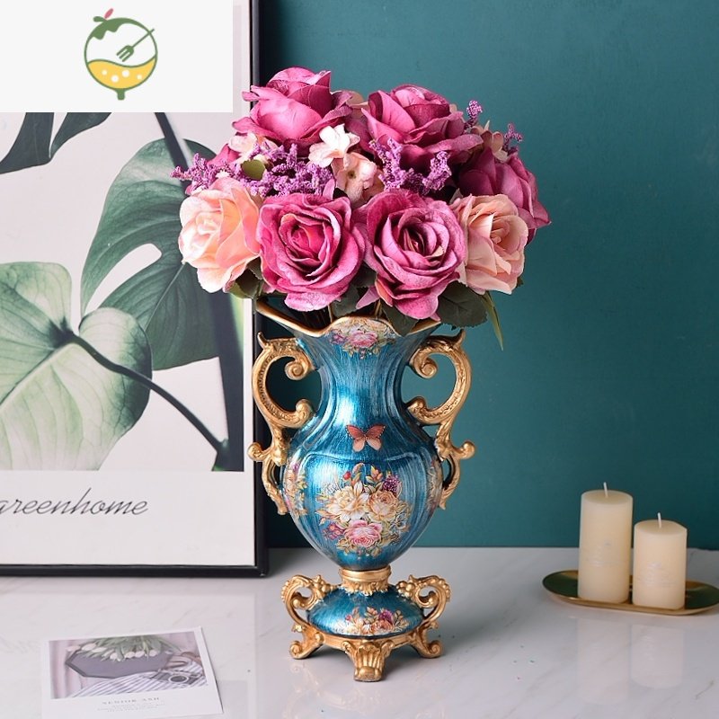 yichenga欧式美式家居样板间复古花瓶花器摆件仿真玫瑰绢布花艺装饰