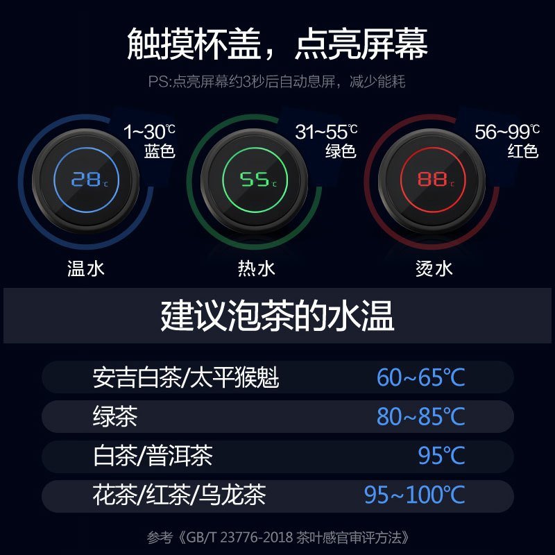 富光（FGA）智能双层玻璃杯男女便携测温带盖耐高温泡茶杯加厚水杯子 黑色