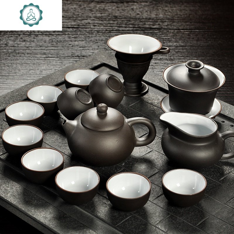 特价紫砂整套功夫茶具套装 陶瓷茶杯茶壶实木茶盘茶海茶台 封后 12款紫砂内黑茶具一壶六杯 21件