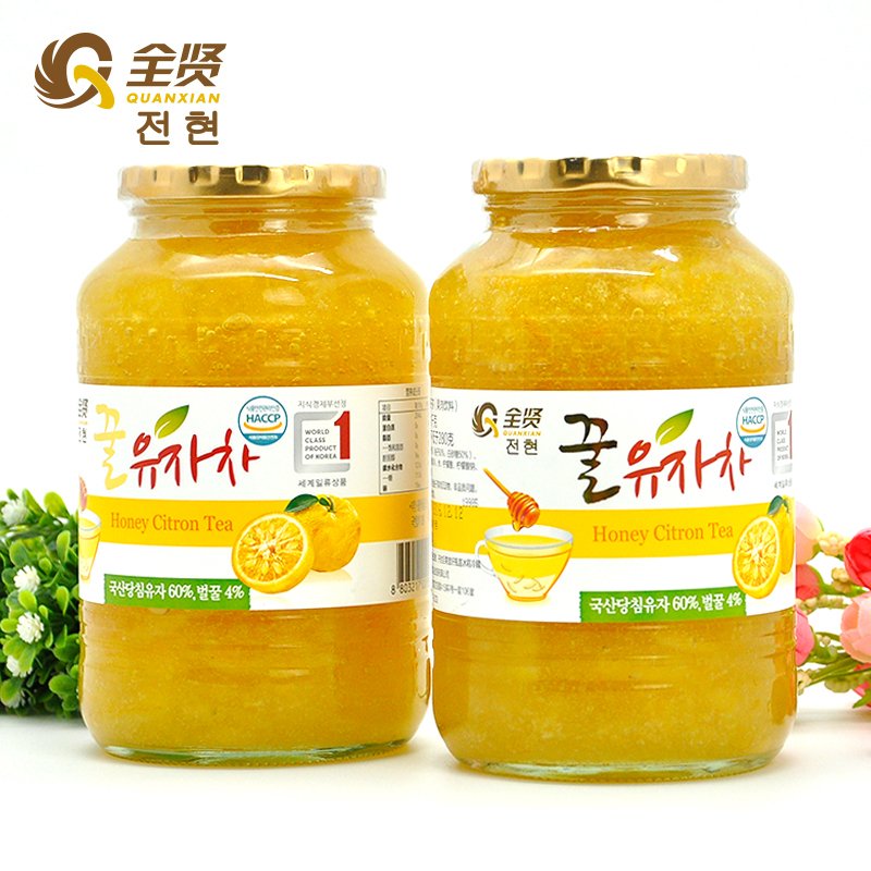 全贤 蜂蜜柚子茶1kg*2瓶装 韩国原装进口蜜柚酱 泡水喝的果味饮品