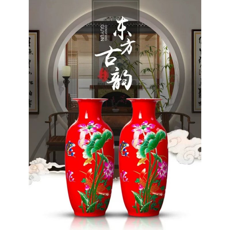 红色荷花瓶景德镇陶瓷摆件百合花瓶客厅插花花器瓷瓶现代家居装饰收纳袋 三维工匠 【中号】青花山水鱼尾瓶+送底座