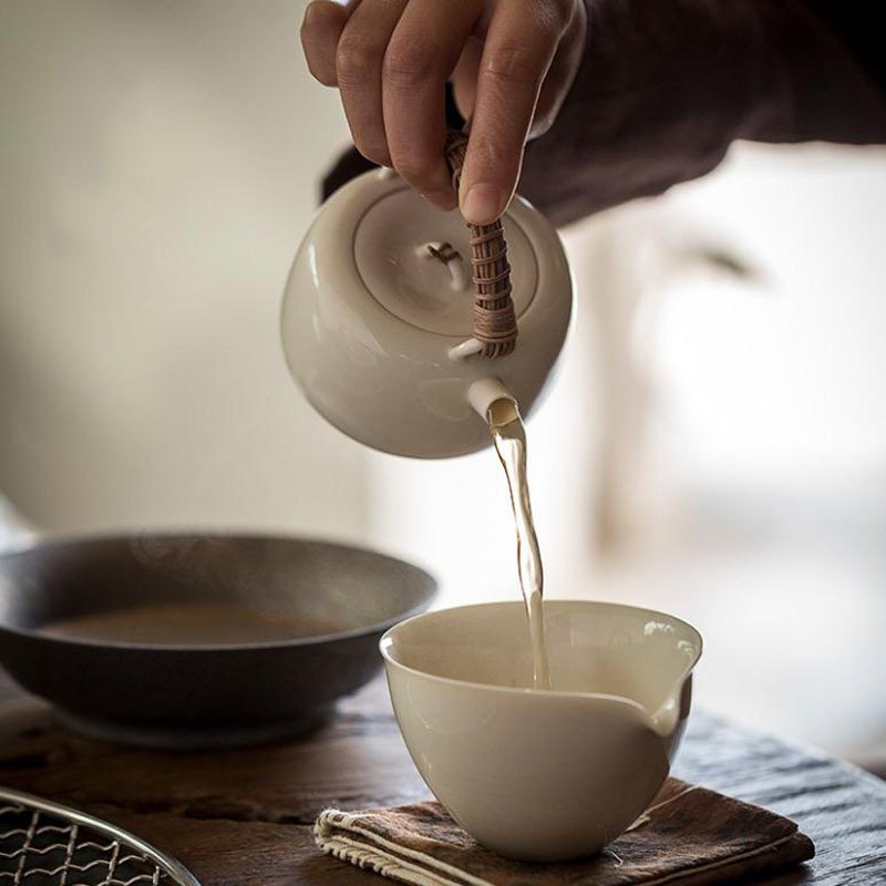 功夫道米浆白细陶茶壶藤编提梁壶日式陶瓷功夫茶具泡茶器泡茶壶