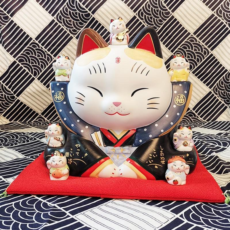 日本猫手工七福神带玻璃罩生日开业乔迁陶瓷摆件 三维工匠 中号-高17cm(无存钱口)_330_963_815