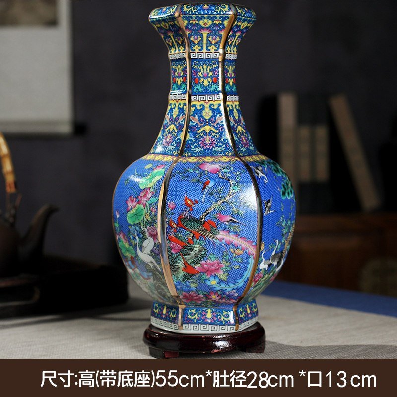 中式陶瓷器花瓶摆件珐琅彩景德镇客厅插花装饰品仿古董工艺品干花收纳袋 三维工匠 17蓝-新六方瓶-超大_649