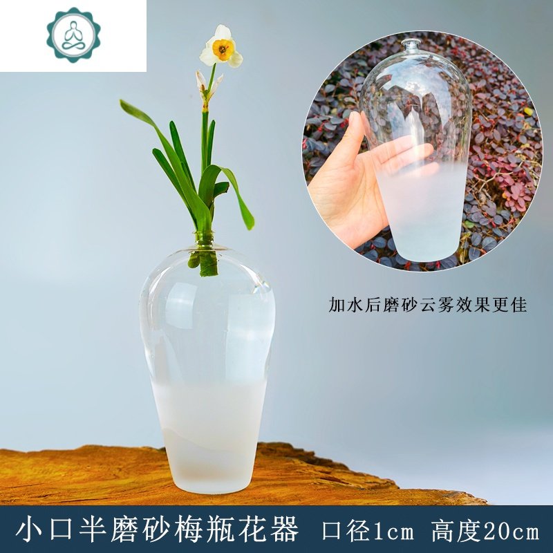 日式禅意玻璃花瓶透明水培花器简约现代家居餐桌客厅插花摆件鹤首 封后 小口半磨砂玻璃梅瓶 中等