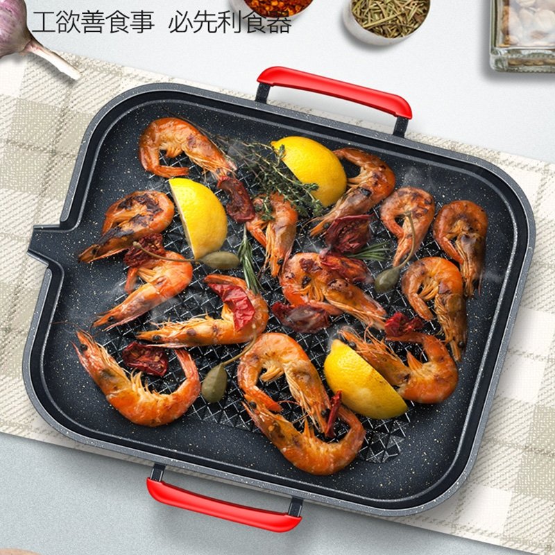 电磁炉如华福禄烤盘韩式麦饭石烧烤盘家用不粘无烟烤肉锅商用铁板烧烤肉盘条纹基础款赠夹子硅胶刷(pWi)