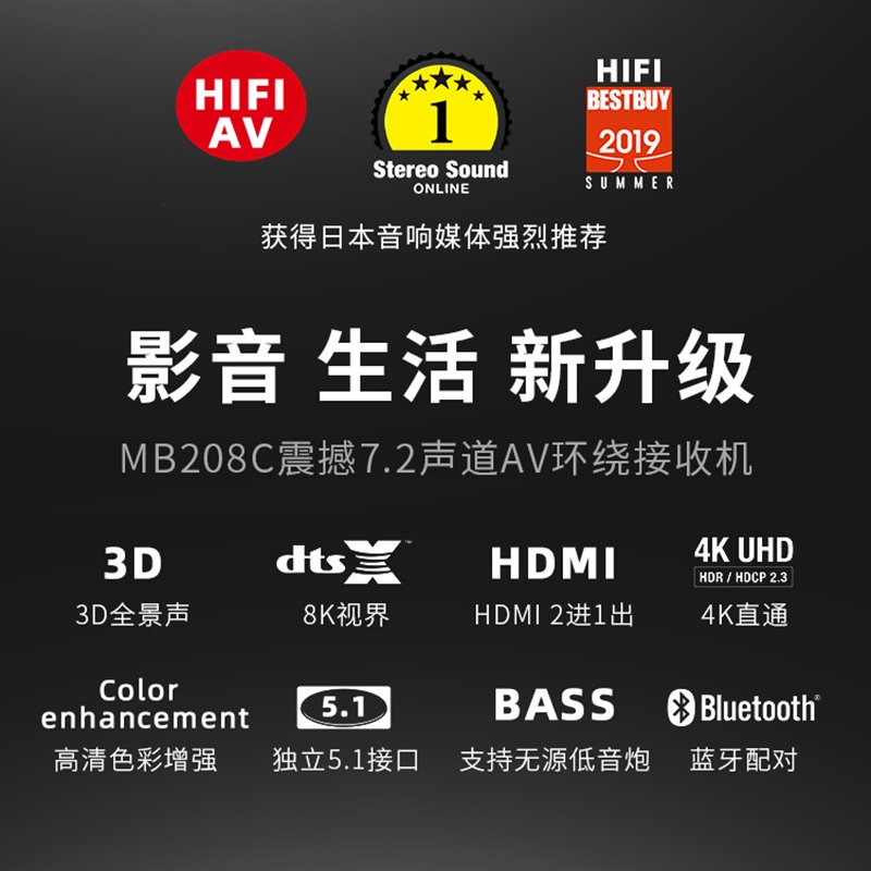 德国歌徳8K全高清HDMI HUB家庭影院数字功放机5.1 7.1家用大功率专业无线蓝牙HIFI发烧K歌卡拉OK音箱