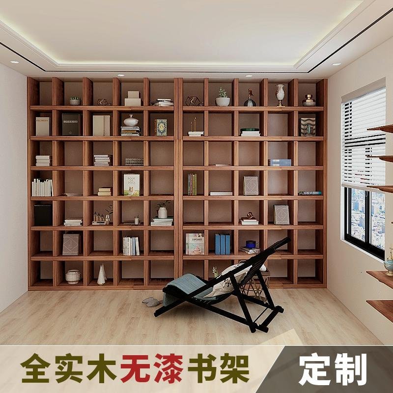 满墙书柜定制客厅闪电客整墙全实木书架落地格子架置物架老榆木原木书架 4cm板厚1平方单价_275_441