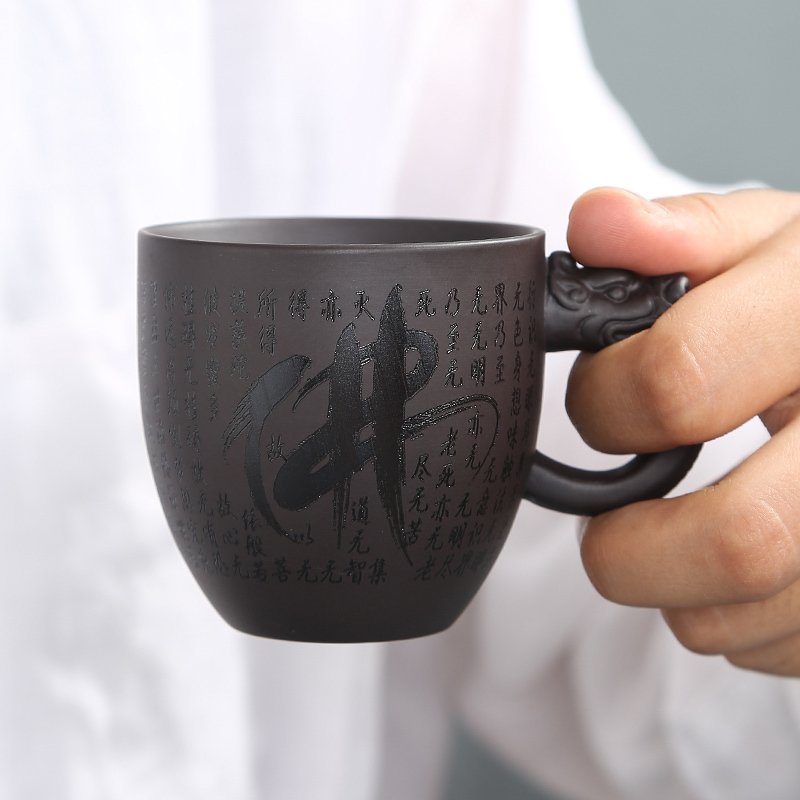 手柄紫砂茶杯功夫茶具带把茶杯单杯品茗杯个人主人杯家用 三维工匠 紫砂手柄杯-观音