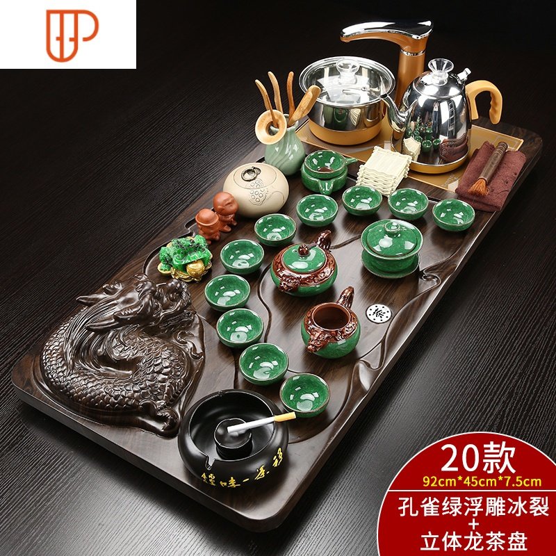 客厅泡茶功夫茶具套装家用简约现代流水茶盘实木全自动一体办公室 国泰家和 金色全自动浮雕冰裂立体龙套装87XD88