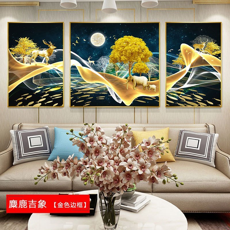 北欧壁画三联组合沙发背景墙客厅装饰画现代玻璃简约餐厅挂画鹿鹿 鹊登梅枝（金色边框） 30*50cm三联套装（建议_594