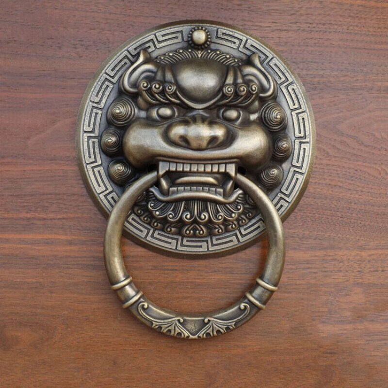 中式仿古纯铜大兽头环铜狮子头虎头头把手复古木拉手 20cm(古铜色)实心圆环一只_610