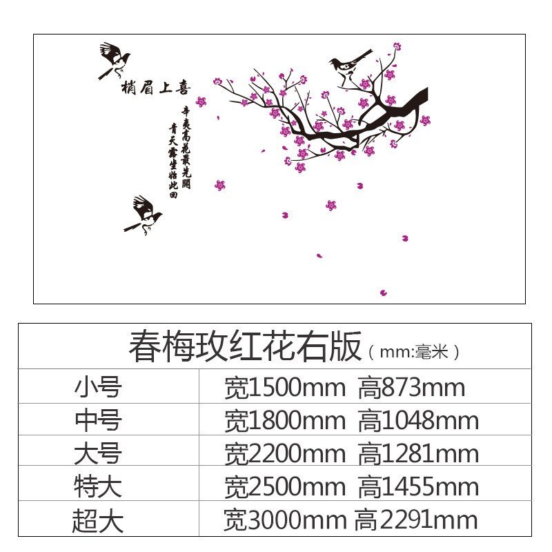 喜上眉梢中国风客厅电视背景墙装饰书法文字亚克力墙贴3d立体贴画 460春梅-玫红花+黑枝-右版 大