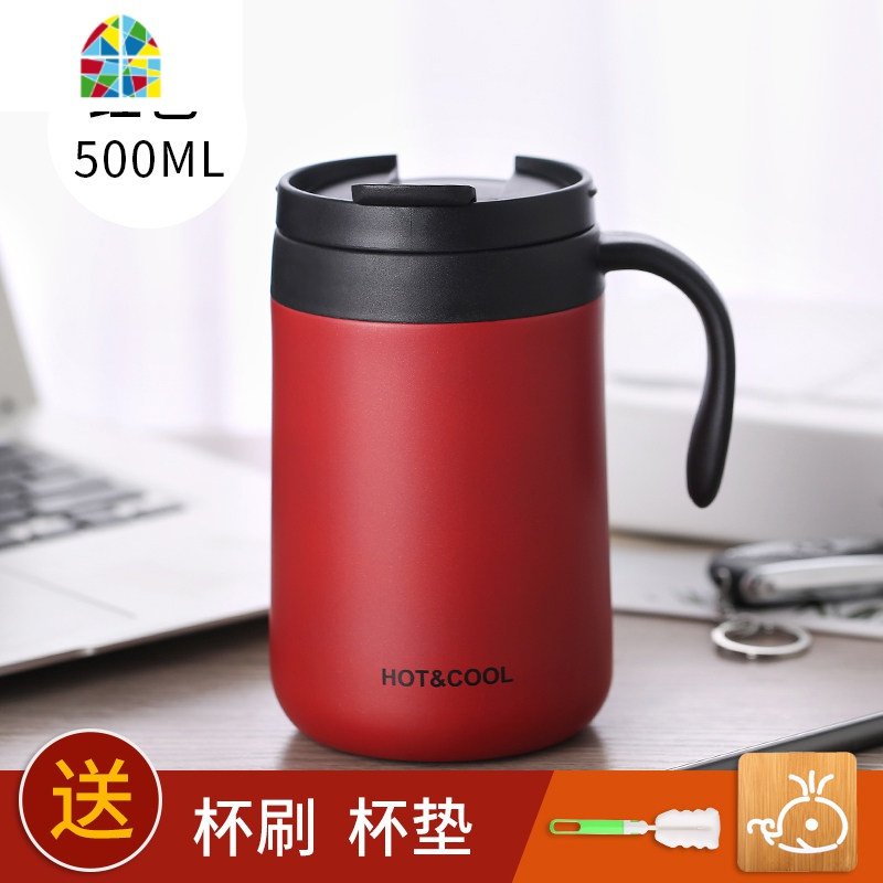 304不锈钢办公室保温杯带手柄男马克杯带盖咖啡杯子宽口径喝水杯 FENGHOU 红色-500ml