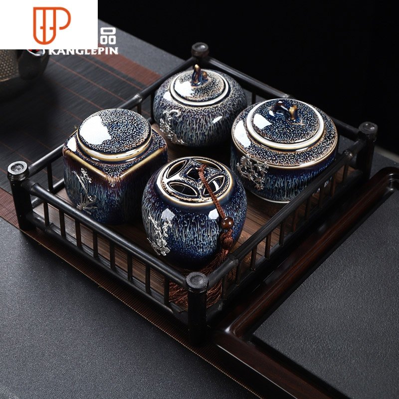天目釉建盏镶鎏银陶瓷茶叶罐迷你 景德镇小号存储密封茶叶盒茶具 国泰家和 曜变镶银茶叶罐（梅）84VHM6