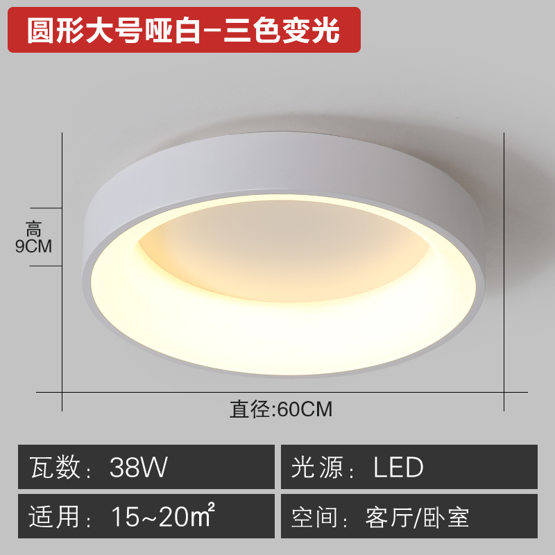 卧室灯简约现代led吸顶灯闪电客温馨浪漫房间客厅灯饰创意圆形北欧灯具 圆形大号60cm哑白款（三色变光38W）_624