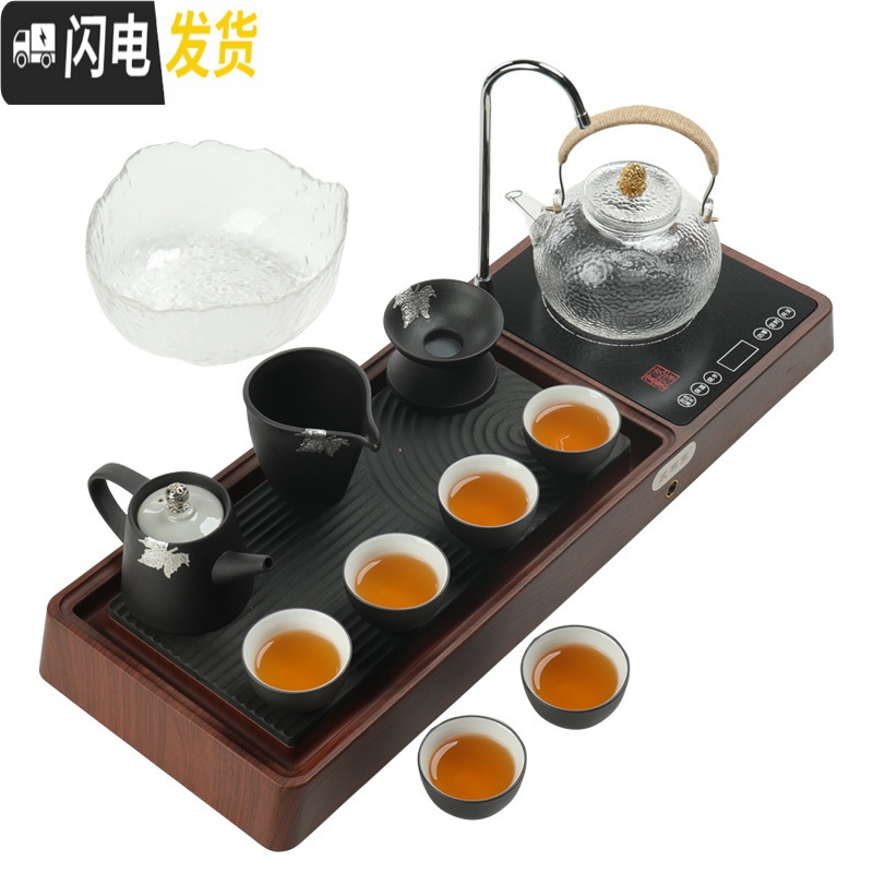 三维工匠日式功夫茶具套装家用茶道泡茶茶台茶盘全自动简约客厅现公室 抽水电陶炉茶盘+玻璃烧水壶 12件